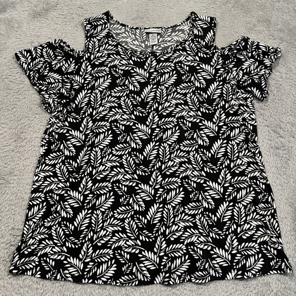 Catherines Womens Plus Size 14W 16W Tunic Top Black White Leaf Boho Tropical